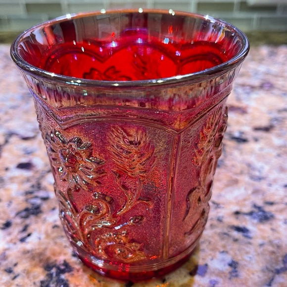 Carnival Glass Tumbler 
Field Flower Pattern 
Red Iridescent Color - Picture 4 of 6